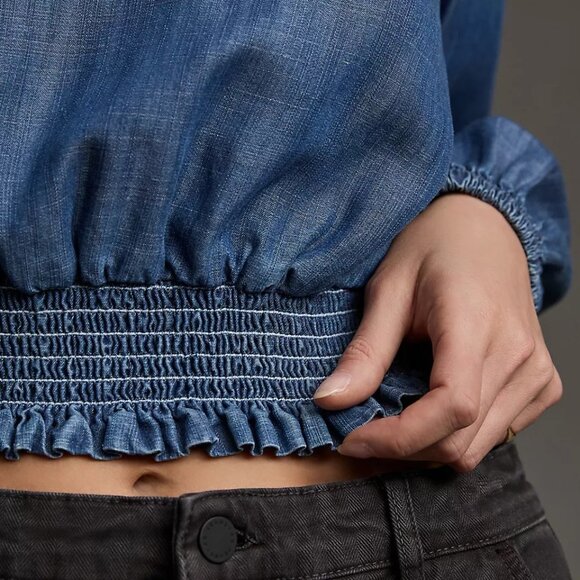 Anthropologie Cloth & Stone Chambray Smocked Waist Tencel Blouse Size XL - Picture 3 of 8